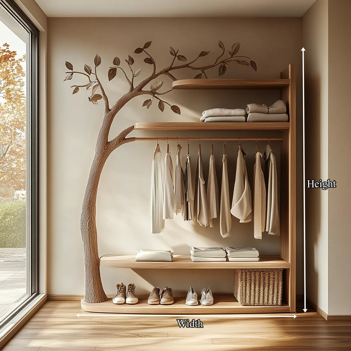 Scandinavian Solid Wood Tree Wardrobe Organizer Natural Living Room