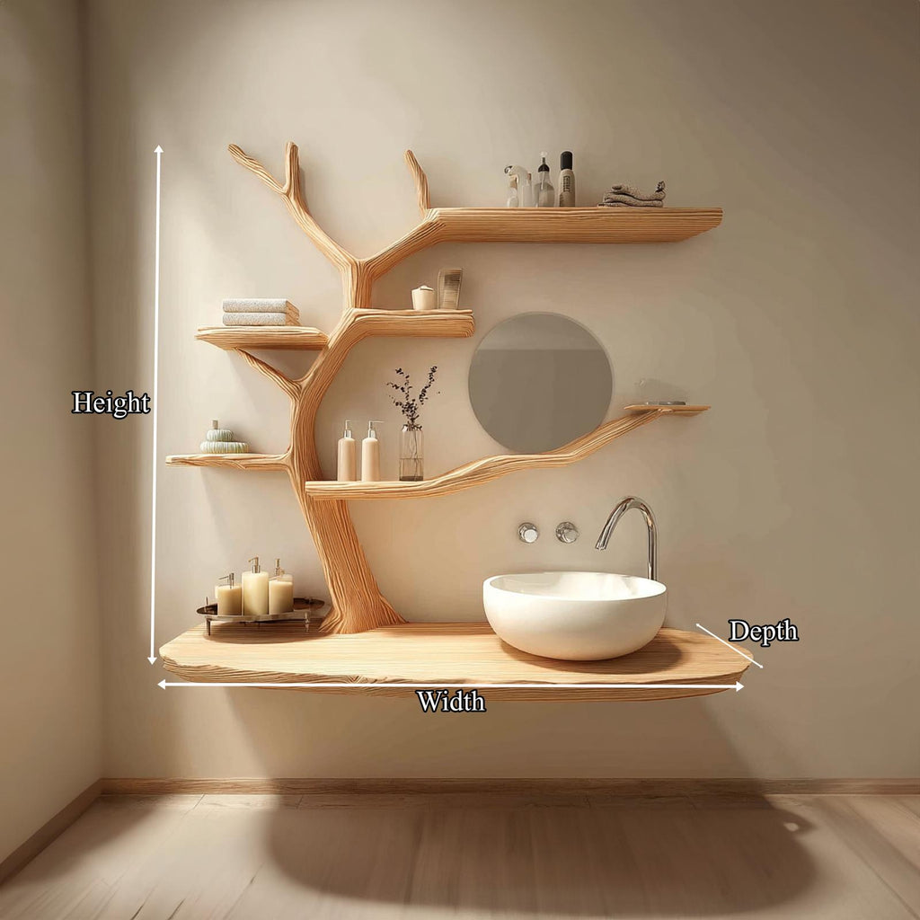 Rustic Organic Tree Trunk Bathroom Vanity, Live Edge Wood Wall Floating Shelf & Sink Console, Model