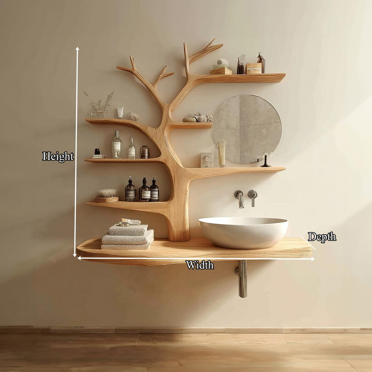 Rustic Nature Inspired Wooden Bathroom Vanity, Live Edge Solid Wood Floating Sink Stand Console, Model