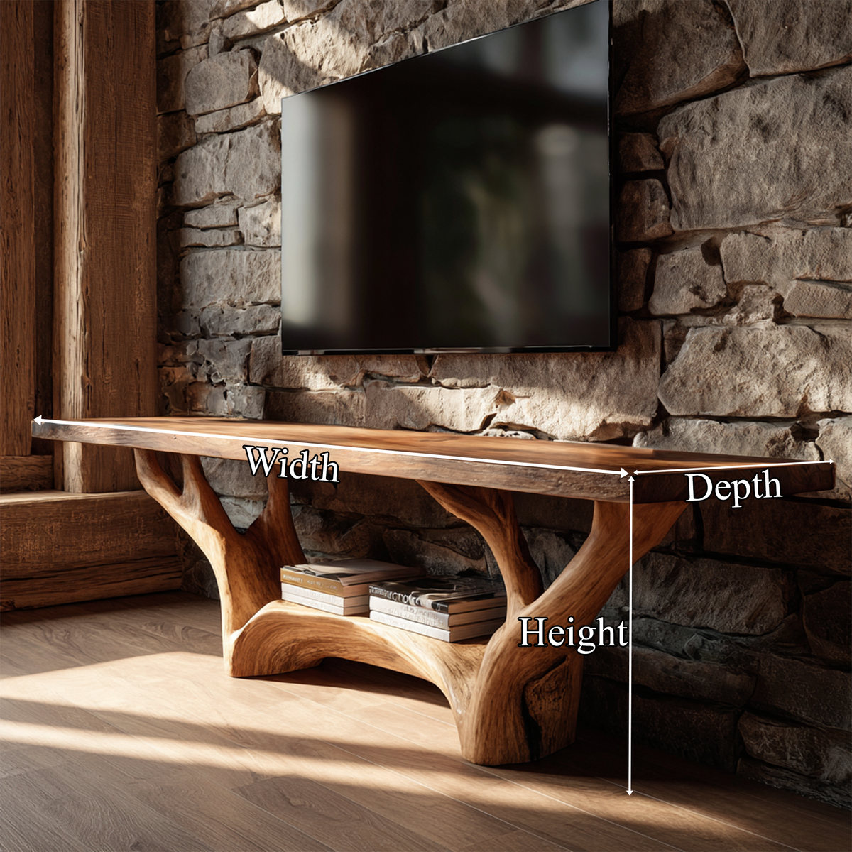 Rustic TV Console Table, Sculpted Solid Wood Base, Handcrafted Entertainment Center & Media Credenza