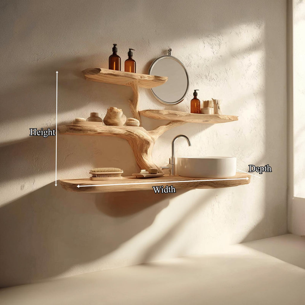 Rustic Natural Tree Wall Mounted Vanity, Live Edge Wooden Bathroom Floating Sink Console, Model
