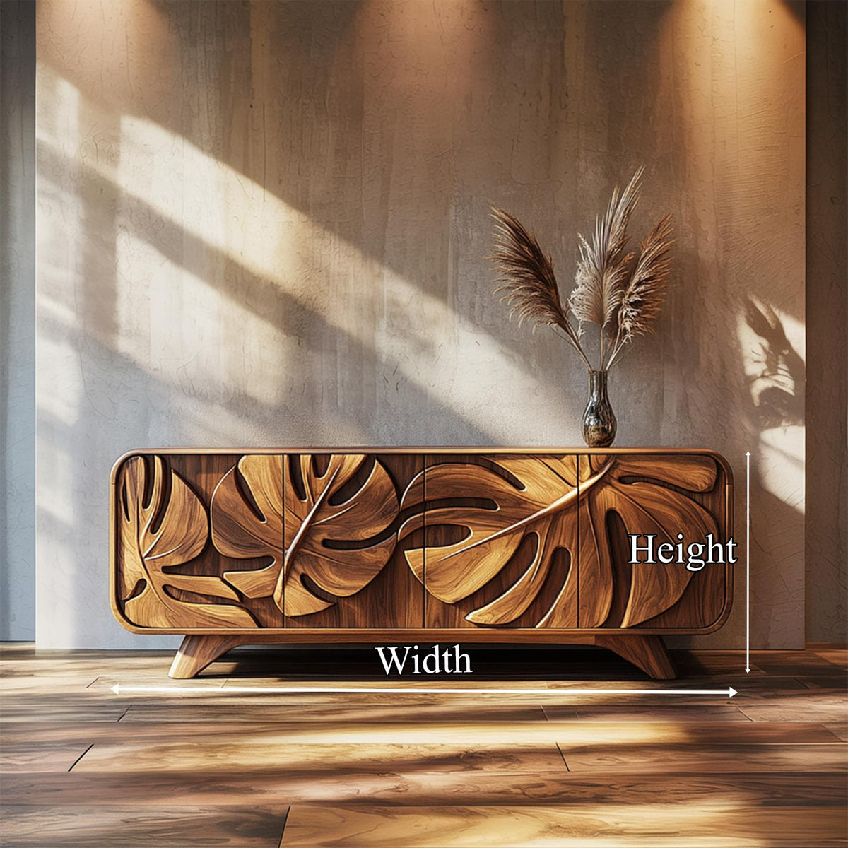 Rustic Leaf-Carved Accent Cabinet, Solid Wood Sideboard with Storage, Handcrafted Credenza for Living Room