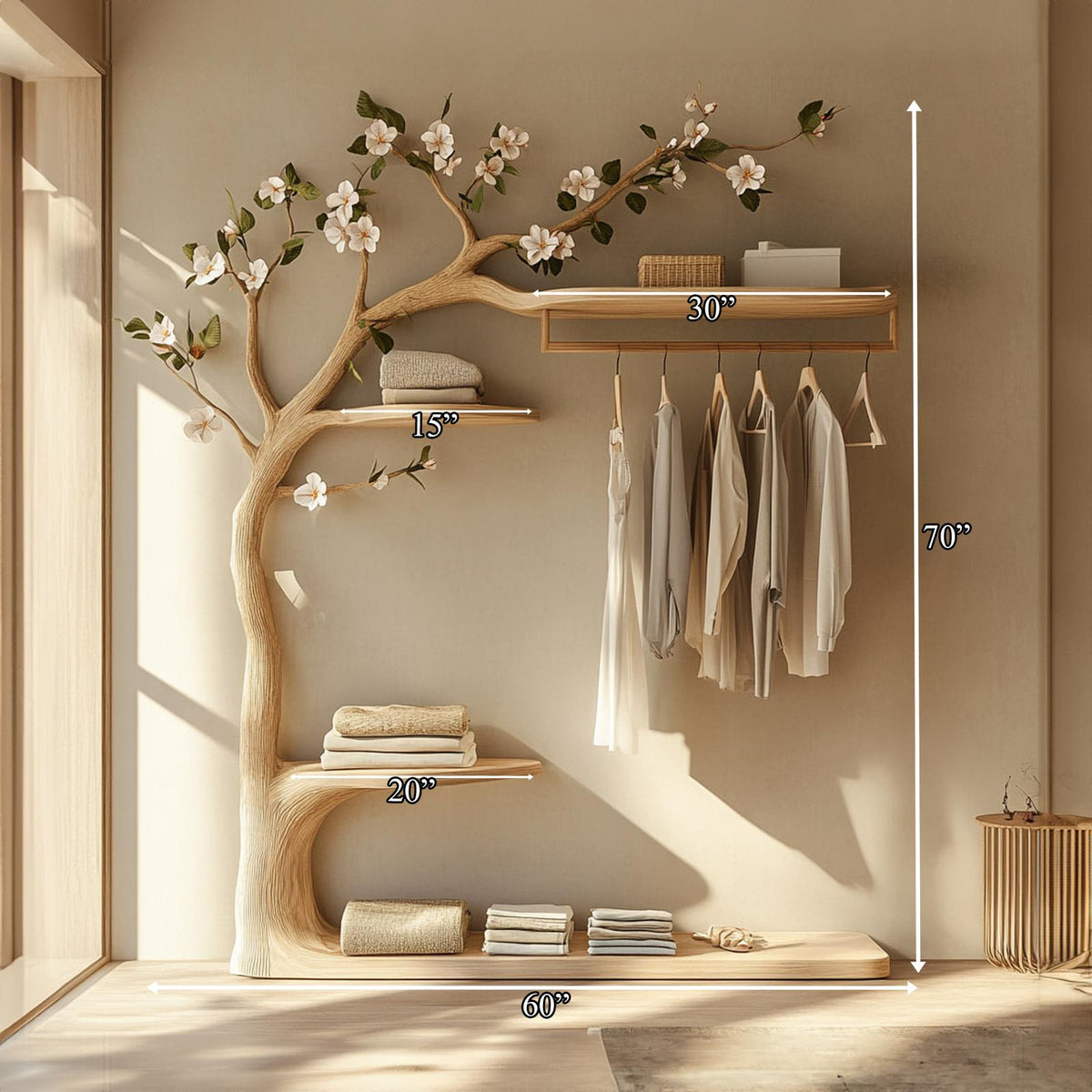 Rustic Tree Clothes Rack Solid Wood Bedroom Organizer