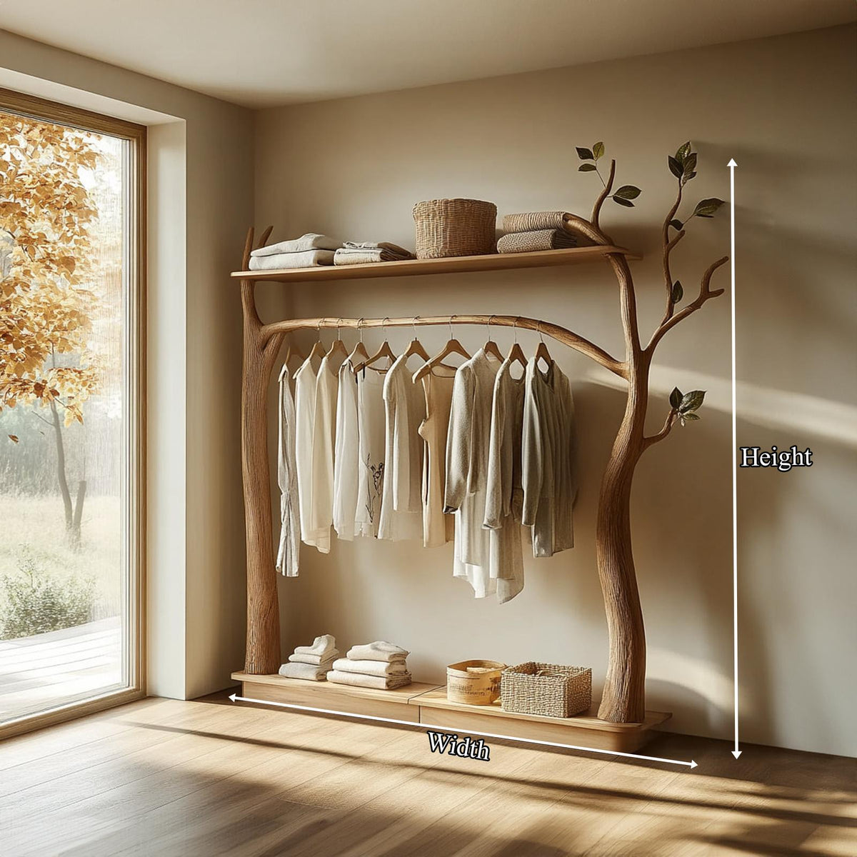 Rustic Tree Clothes Rack Solid Wood Bedroom Organizer