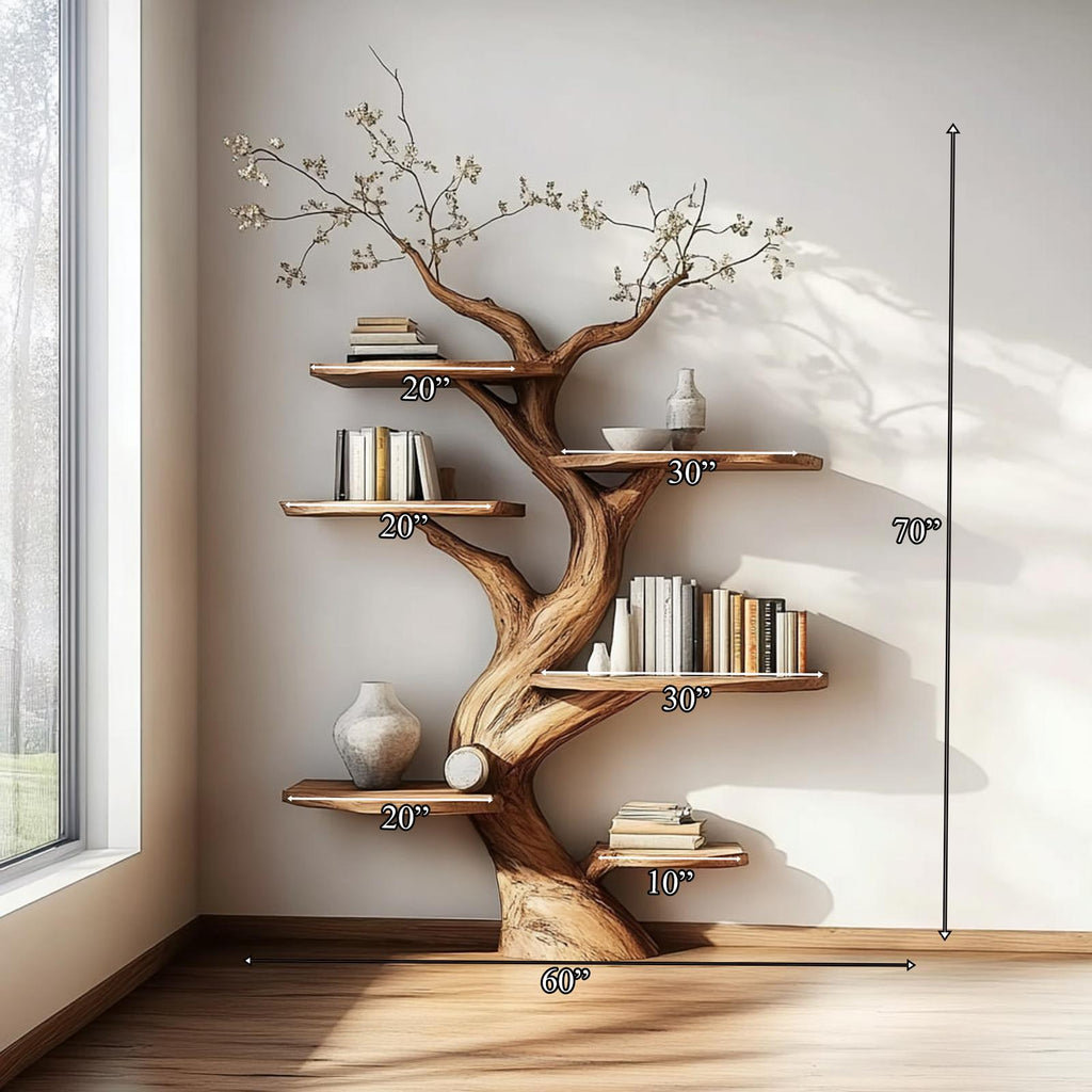 Rustic Artistic Tree Shaped Wooden Bookshelf, Handcrafted Branch Bookcase Organizer for Bedroom, Living Room