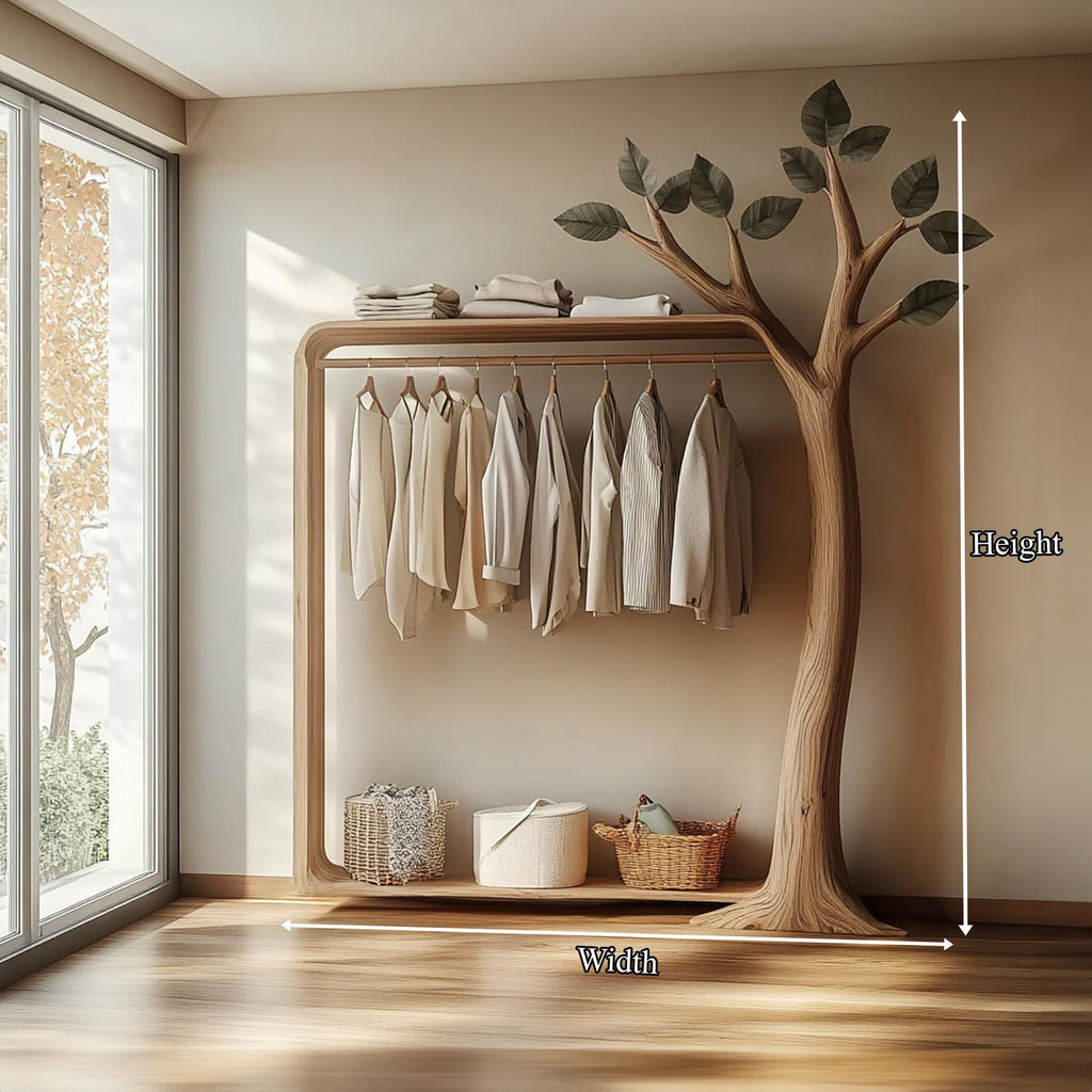 Rustic Tree Wardrobe Rack, Handcrafted Solid Wood Standing Clothes Garment Rack, Natural Branch Bedroom Organizer