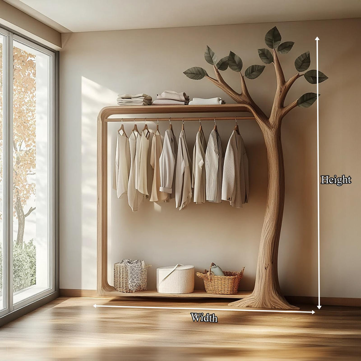 Rustic Tree Wardrobe Rack, Handcrafted Solid Wood Standing Clothes Garment Rack, Natural Branch Bedroom Organizer