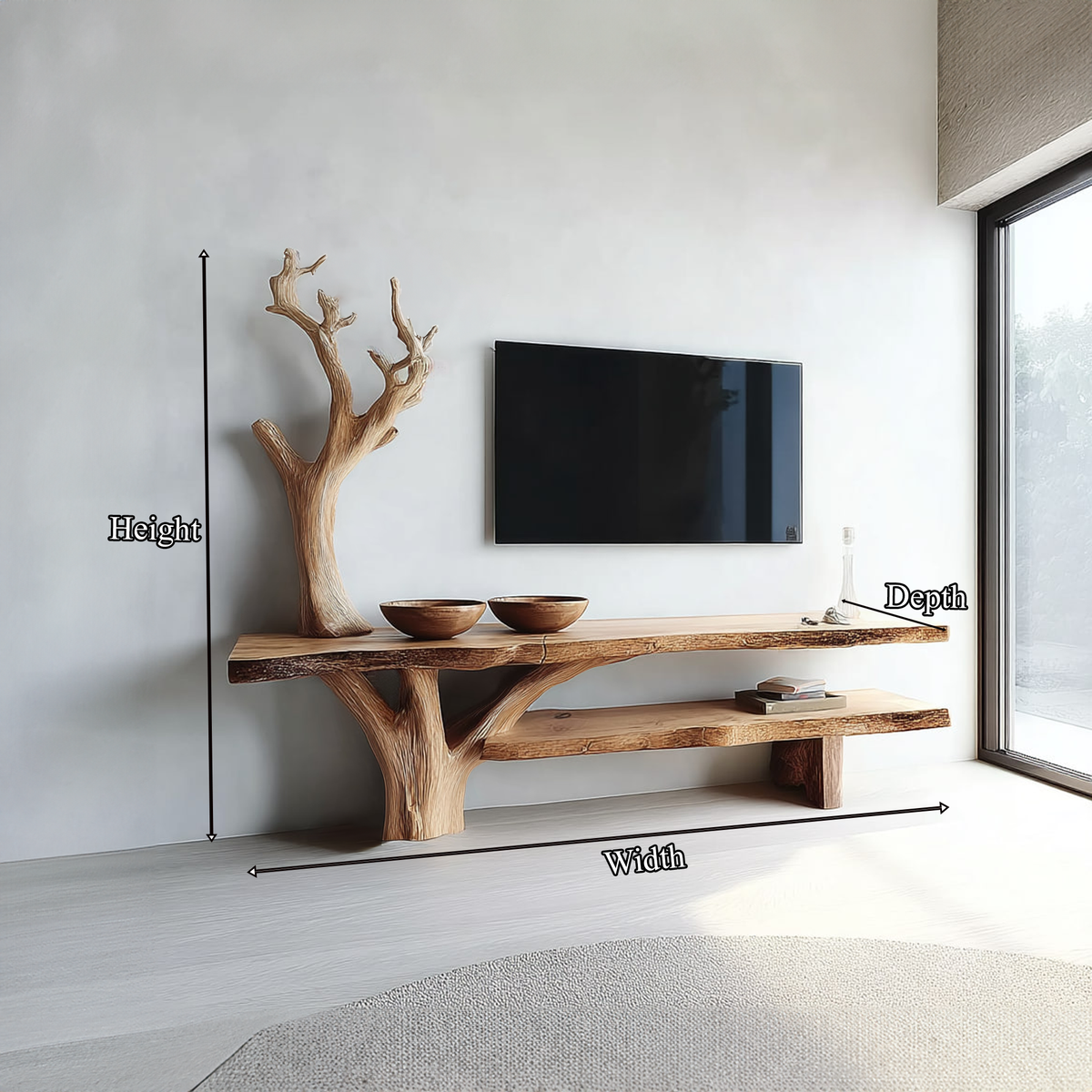 Rustic TV Console Table, Sculpted Solid Wood Base Media Stand, Handcrafted Credenza for Living Room