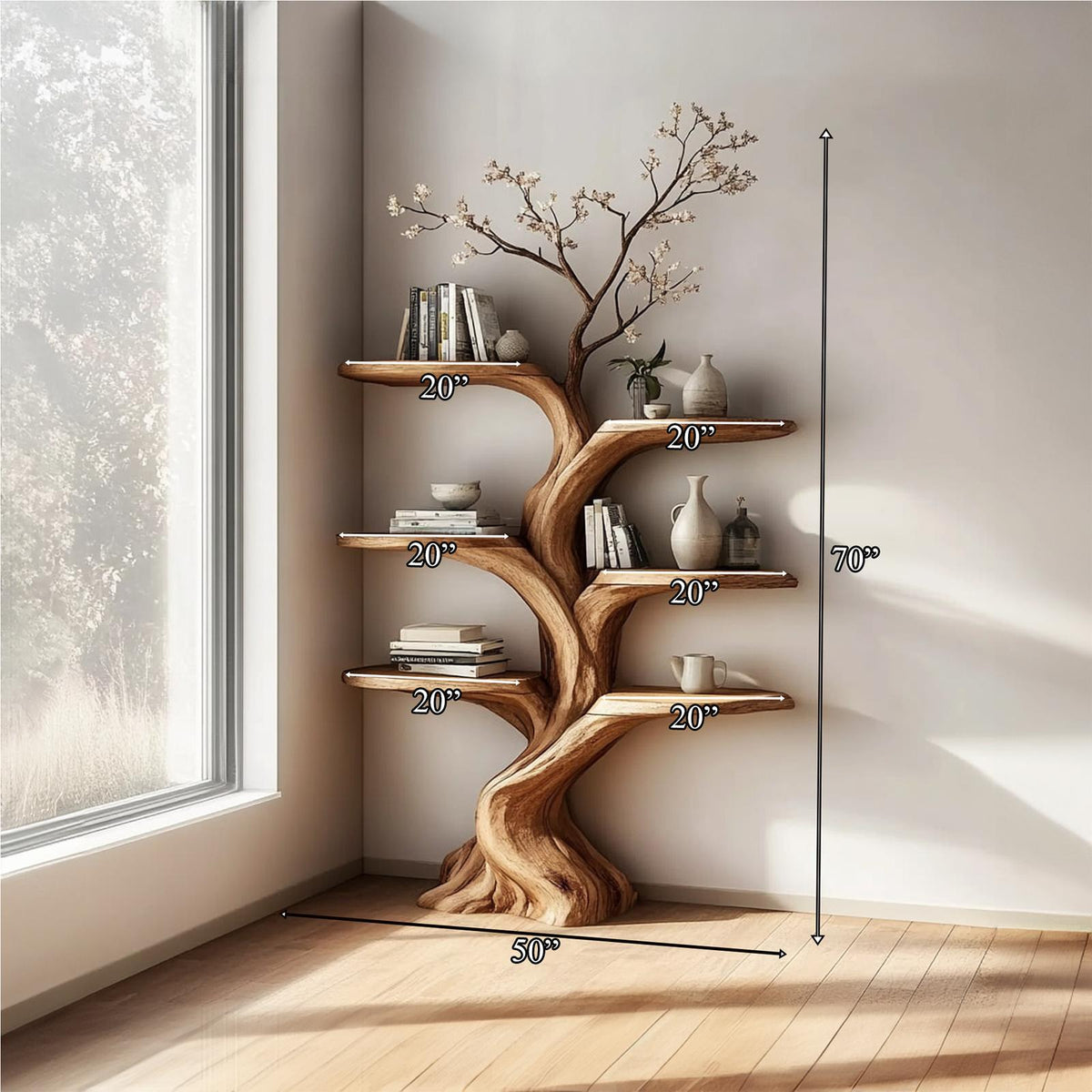 Rustic Wall Mounted Tree Shelf, Wooden Floating Branch Bookshelf & Cozy Decorative Display Rack for Living Room