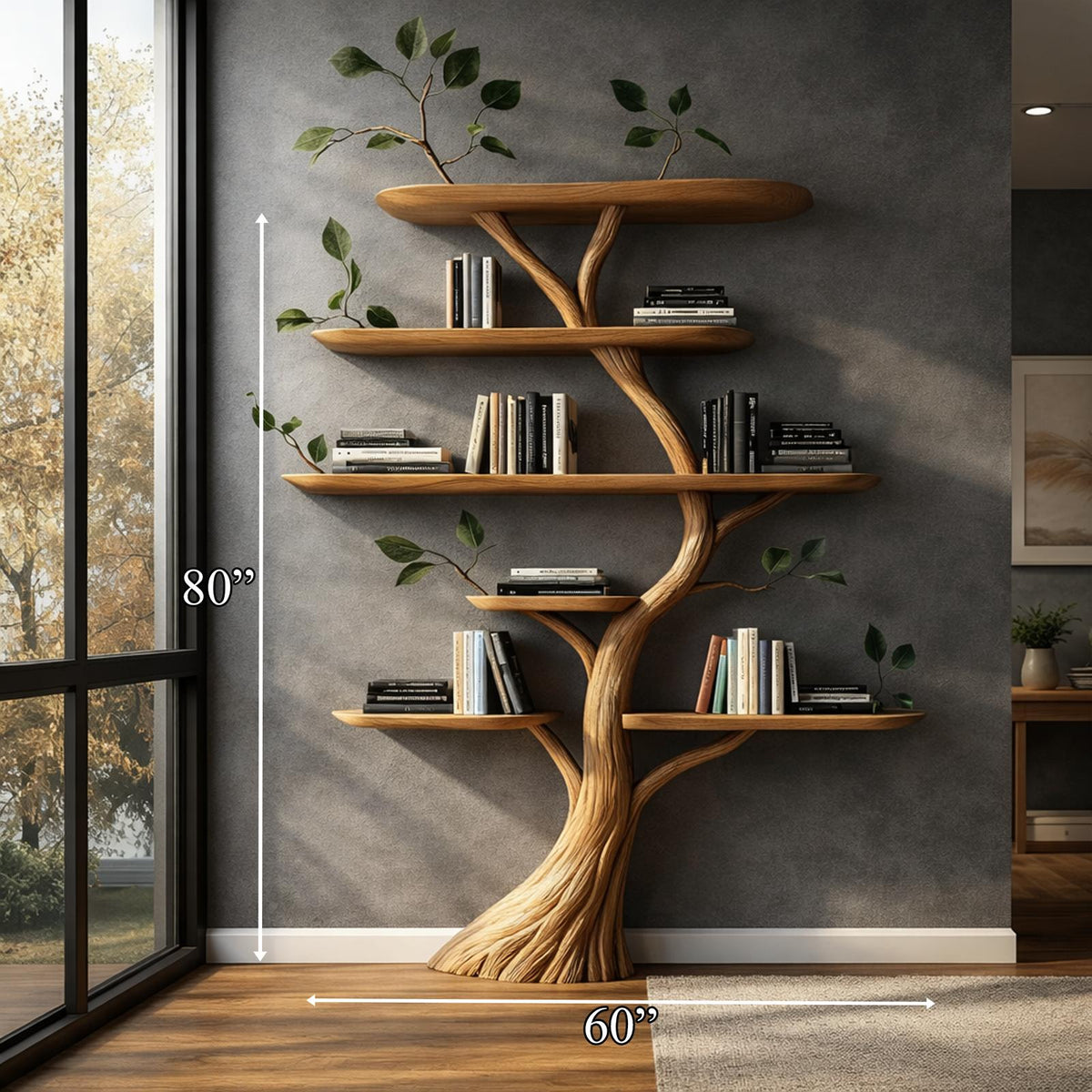 Handcrafted Wood Tree Bookshelf, Floating Branch Wall Mounted Bookcase Display Shelf for Living Room and Office
