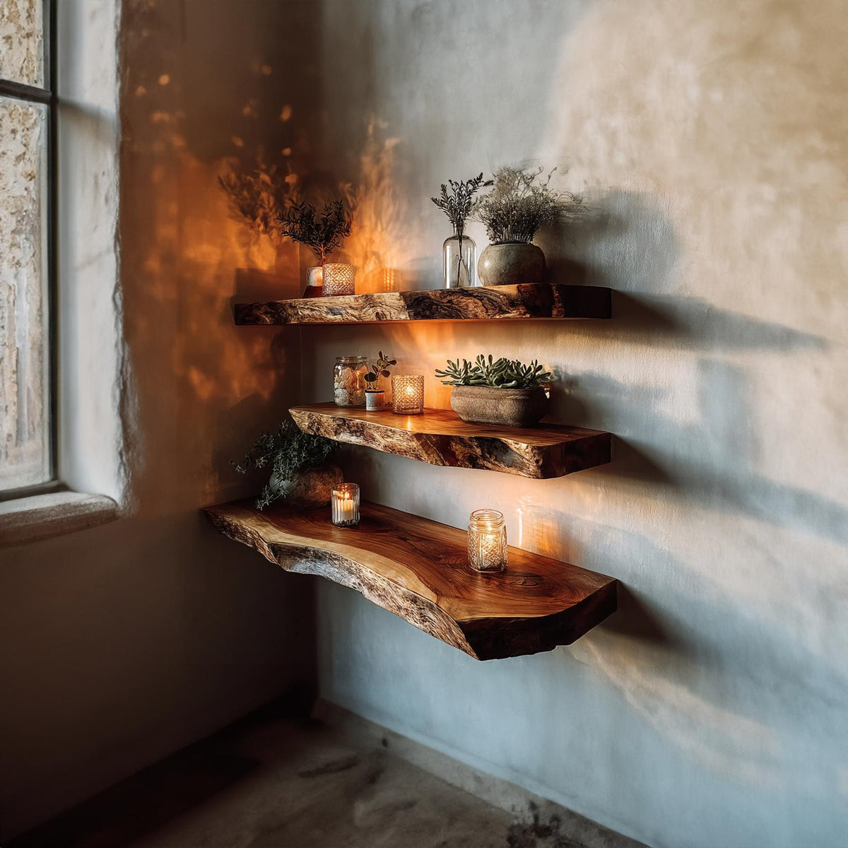 Rustic Live Edge Corner Floating Shelf Living Room