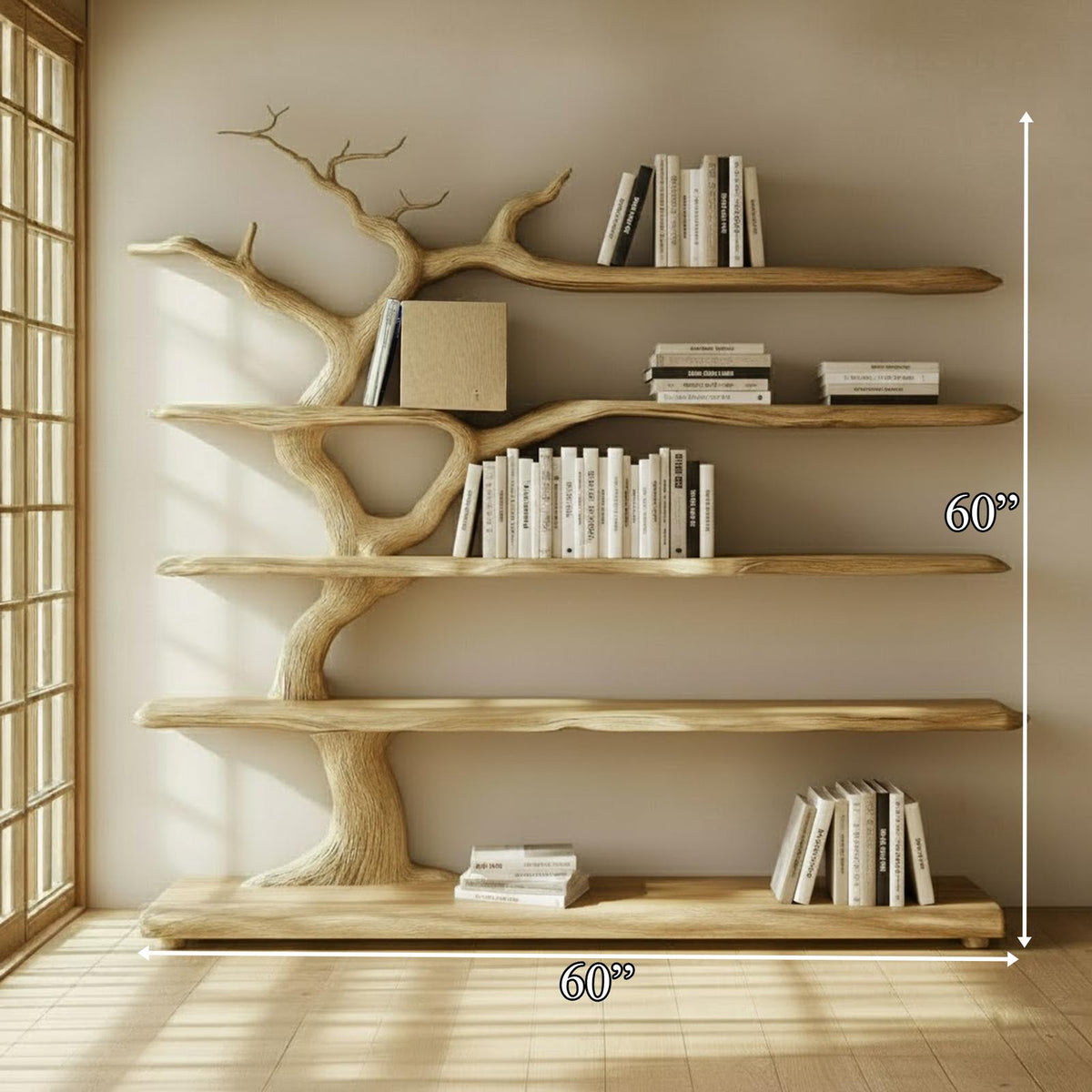 Rustic Organic Decorative Tree Shelf, Solid Wood Branch Bookshelf & Artistic Storage Display for Reading Room, Lounge