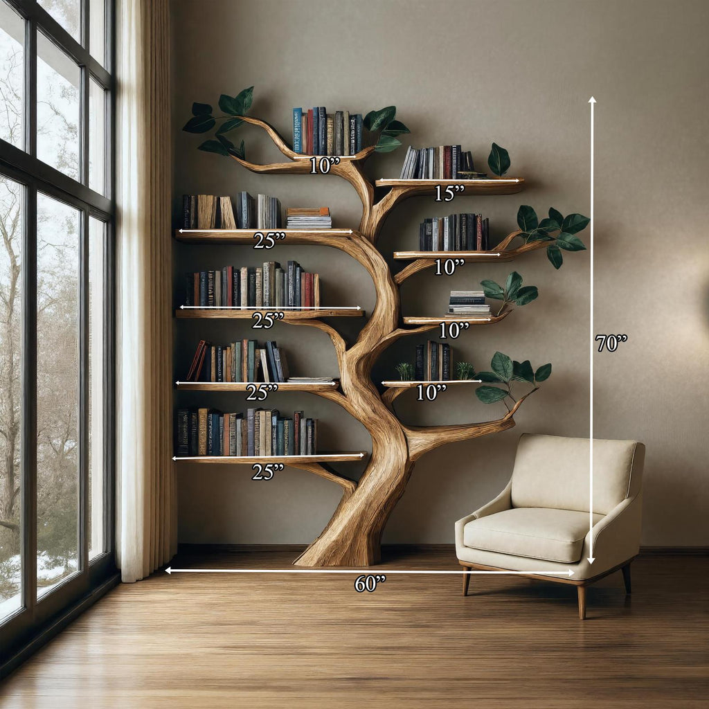 Rustic Branch Bookshelf, Solid Wood Wall Mounted Bookcase & Decorative Floating Organizer for Living Room or Dining Room