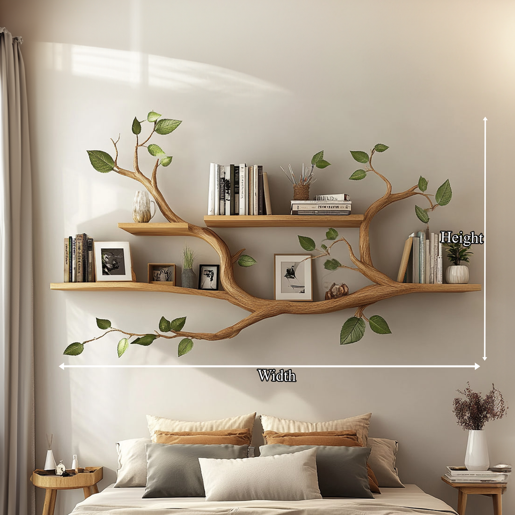 Minimalist Tree Branch Floating Wall Shelf, Handcrafted Solid Wood Artistic Book Display Rack