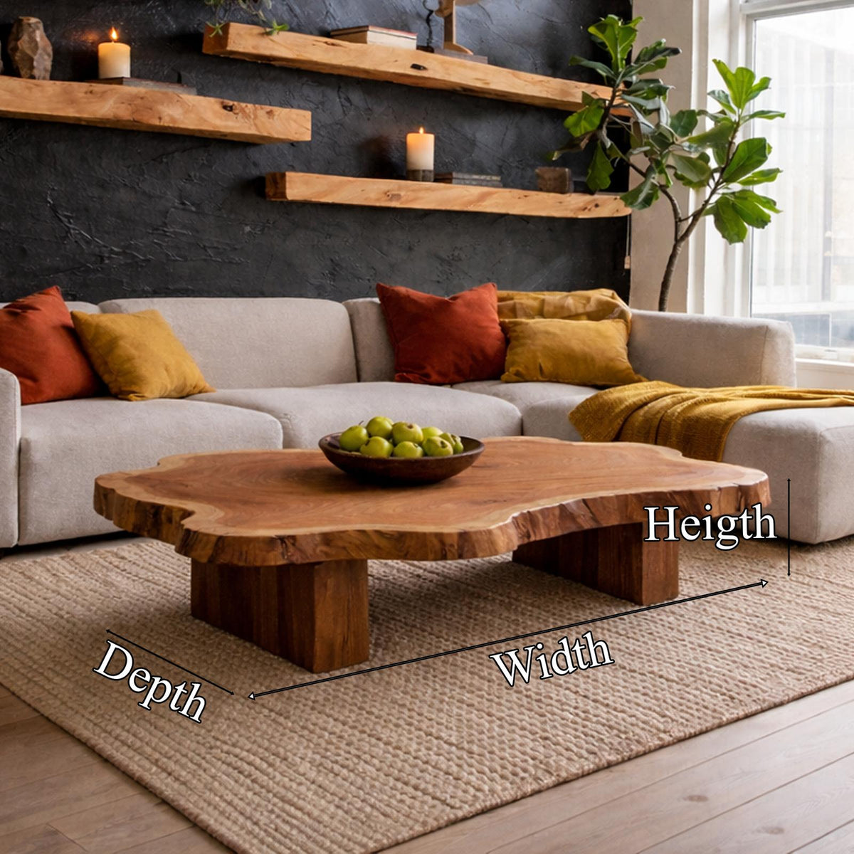 Spry Interior Live Edge Solid Wood Coffee Table, Organic Modern Hardwood Center Table for Rustic Living Room Home Decor, SINLKICF317