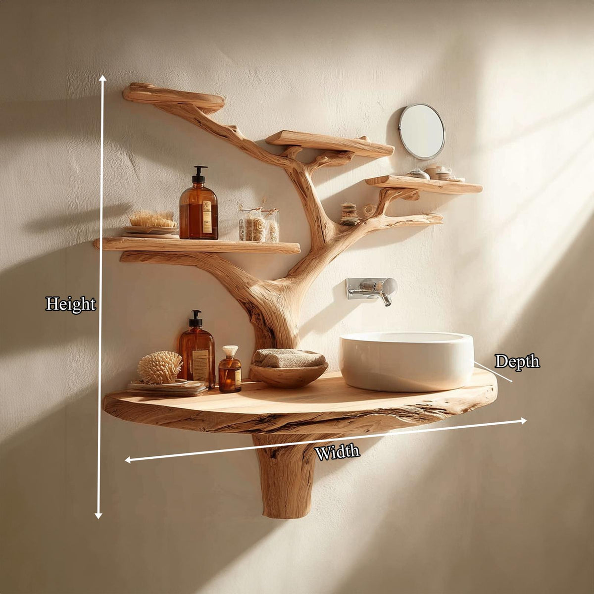 Rustic Artistic Tree Trunk Bathroom Vanity, Handcrafted Live Edge Wood Vessel Sink Pedestal Stand, Model