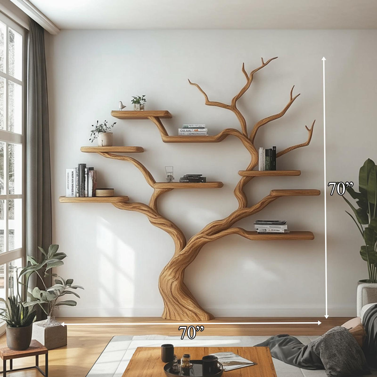 Rustic Wood Tree Bookcase, Handcrafted Floating Branch Wall Mounted Bookcase Display Shelf for Living Room Decor