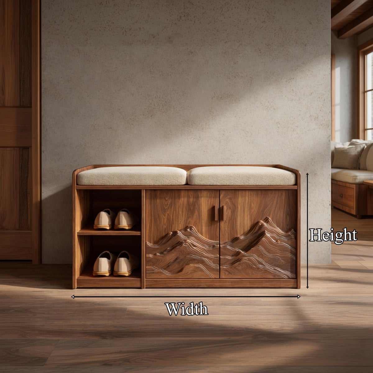 Rustic Sculptural Storage Bench For Entryway Or Sleeping Space