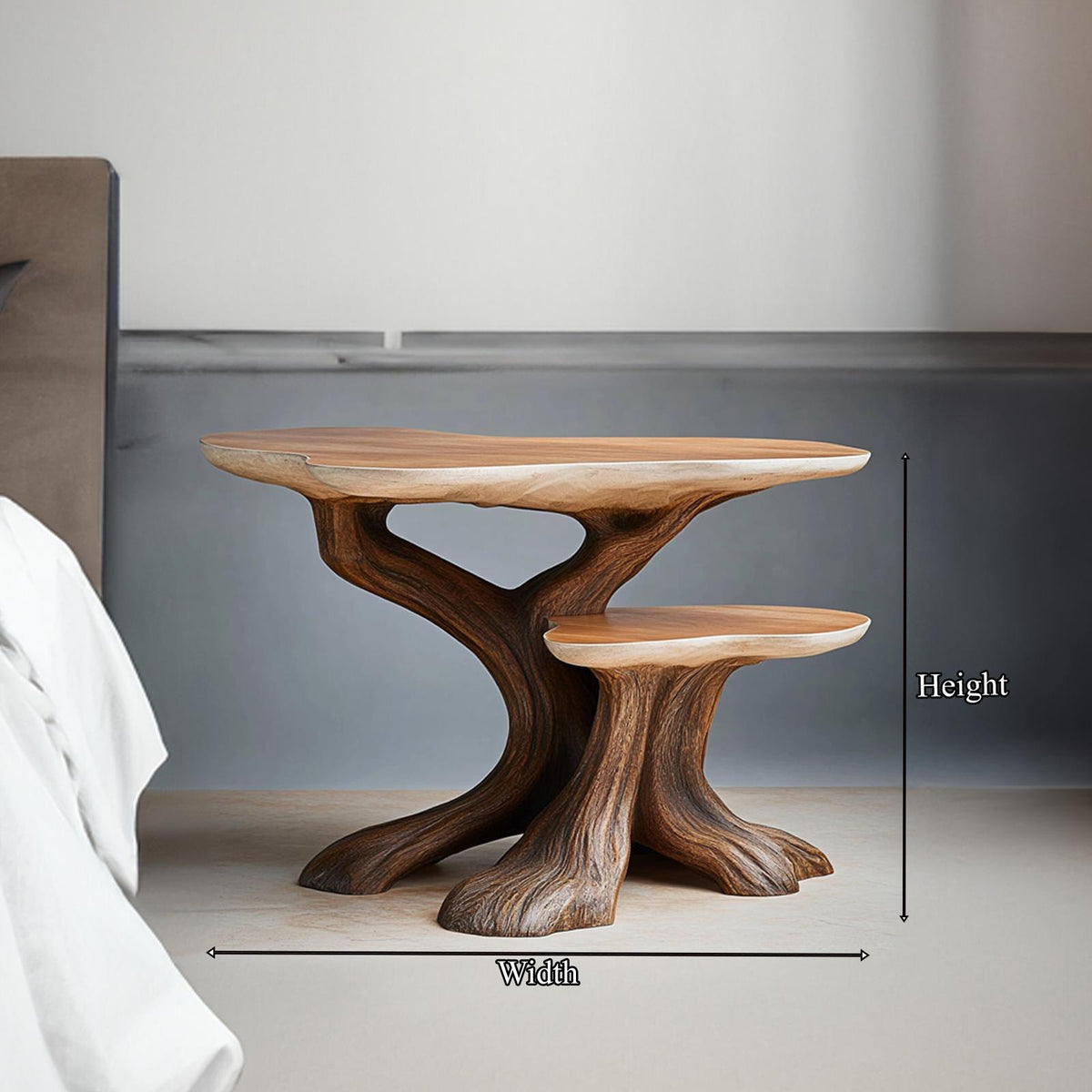 Rustic Tree Shaped Bedside Table, Handcrafted Natural Wood Nightstand & Artistic Accent End Table for Bedroom