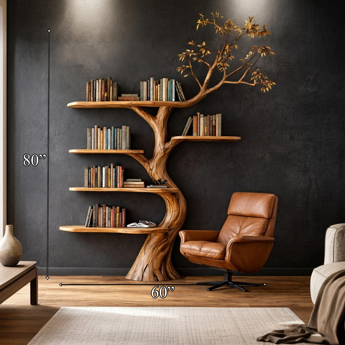 Rustic Solid Wood Tree Bookshelf, Handcrafted Sculptural Wall Mounted Branch Bookcase for Living Room