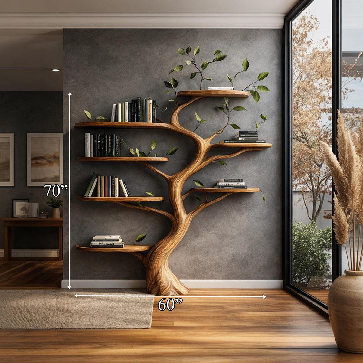 Organic Wood Tree Bookshelf, Handcrafted Floating Branch Wall Mounted Bookcase Display for Modern Living Room