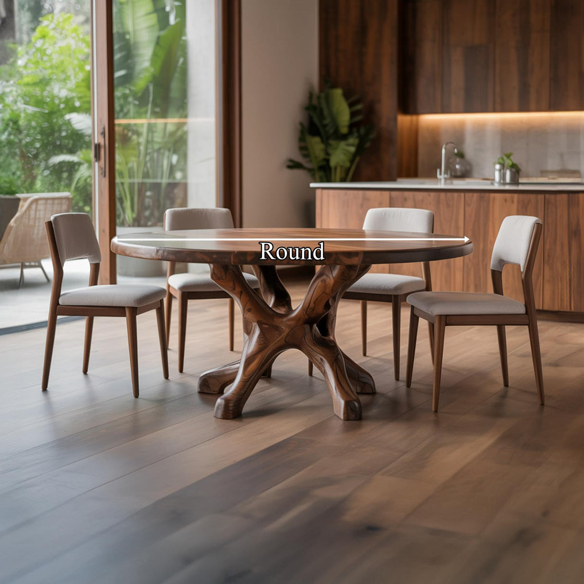 Rustic Live Edge Dining Table with Teak Root Base, Handcrafted Solid Wood Kitchen Table for Dining Room