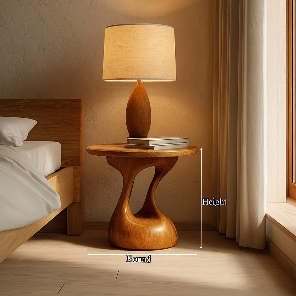 Mid Century Modern Sculptural Bedside Table, Wood Nightstand & Accent End Table for Bedroom, Living Room Decor
