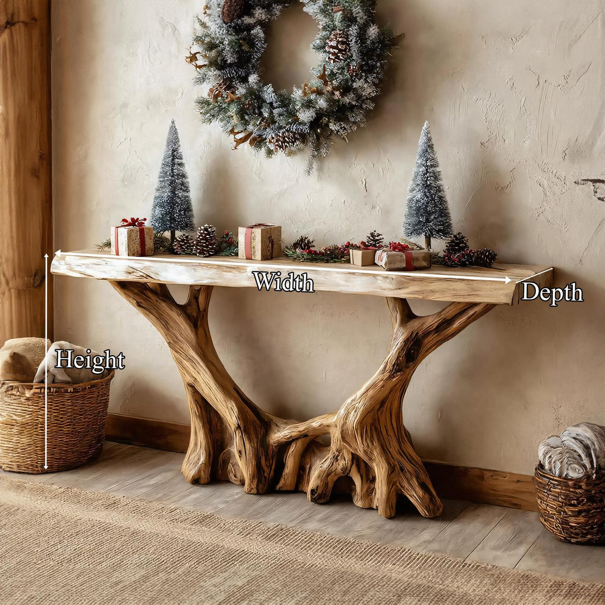 Rustic Sculptural Console Table, Solid Wood Handcrafted Foyer Table, Unique Living Room Holiday Accent Table