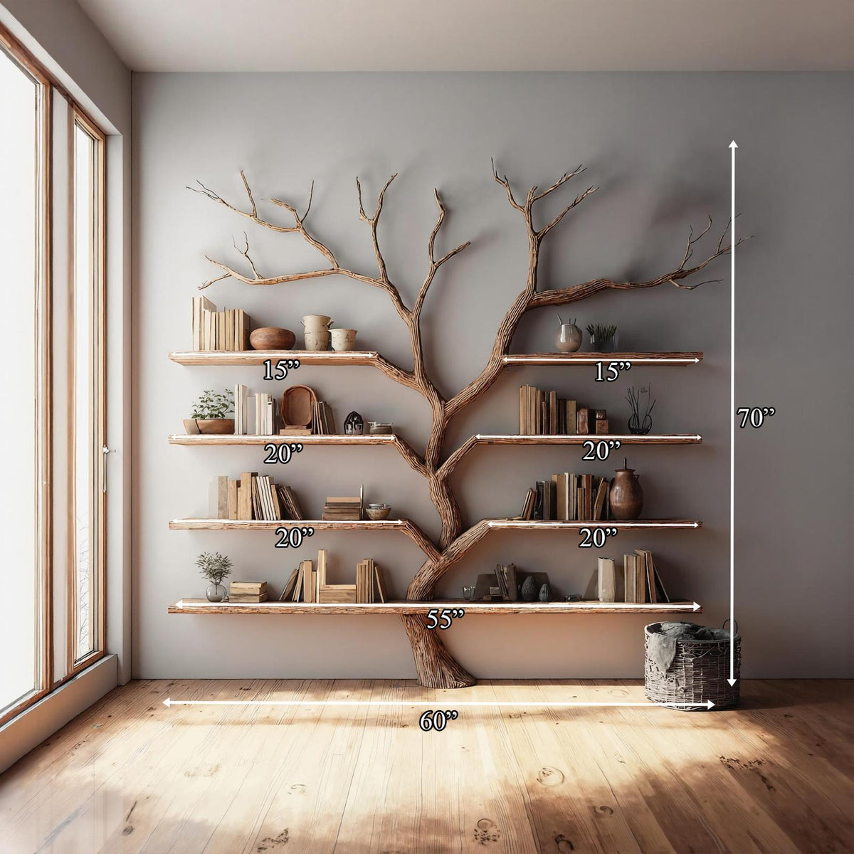 Rustic Tree Bookshelf, Handcrafted Solid Wood Wall Mounted Bookcase & Large Floating Display Shelf for Living Room Decor