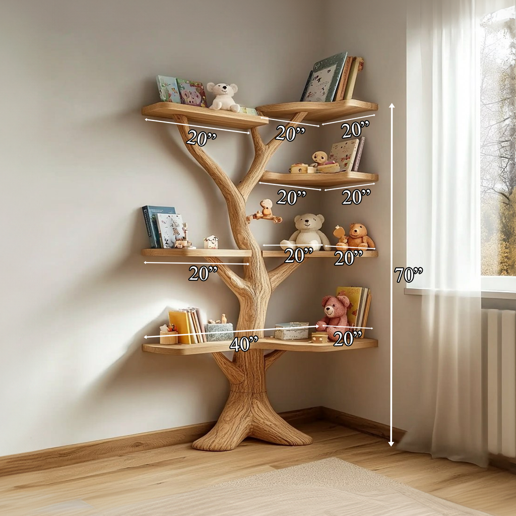 Rustic Organic Tree Bookshelf, Solid Wood Kids Room Branch Book Display & Decorative Wall Shelf