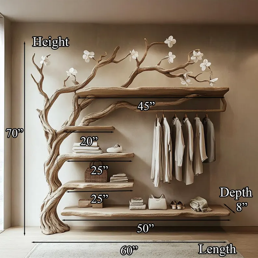 Mid-Century Wooden Tree Wardrobe Shelf, Rustic Branch Coat Rack & Organizer, Spooky Gothic Bedroom Furniture Decor