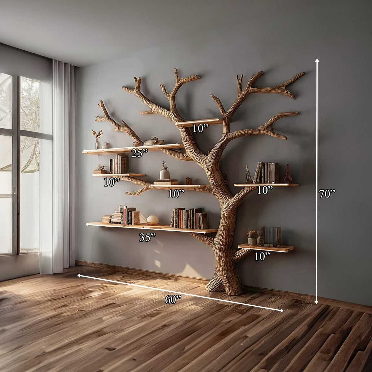 Rustic Artistic Tree Shelf, Solid Wood Wall Mounted Bookcase & Statement Wall Decor Organizer for Living Room & Study