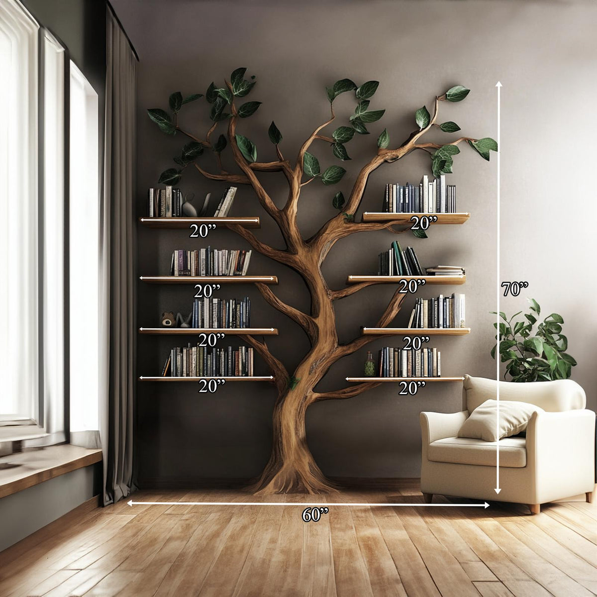 Rustic Tree Shaped Bookshelf, Handcrafted Solid Wood Wall Mounted Bookcase & Floating Display Shelf for Living Room Decor