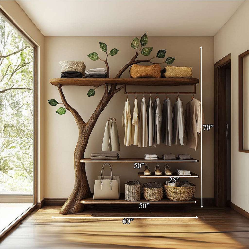 Rustic Solid Wood Tree Clothing Rack Artistic Bedroom