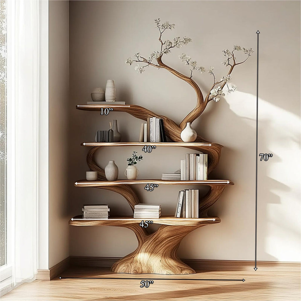 Rustic Unique Tree Shaped Wood Bookshelf, Large Handcrafted Branch Bookcase & Storage Organizer for Living Room