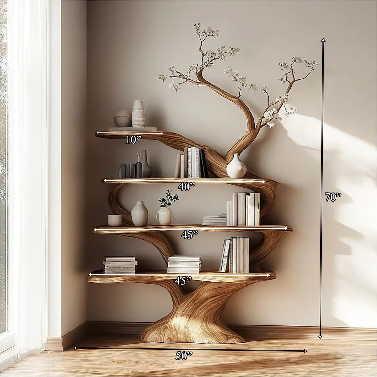 Rustic Unique Tree Shaped Wood Bookshelf, Large Handcrafted Branch Bookcase & Storage Organizer for Living Room