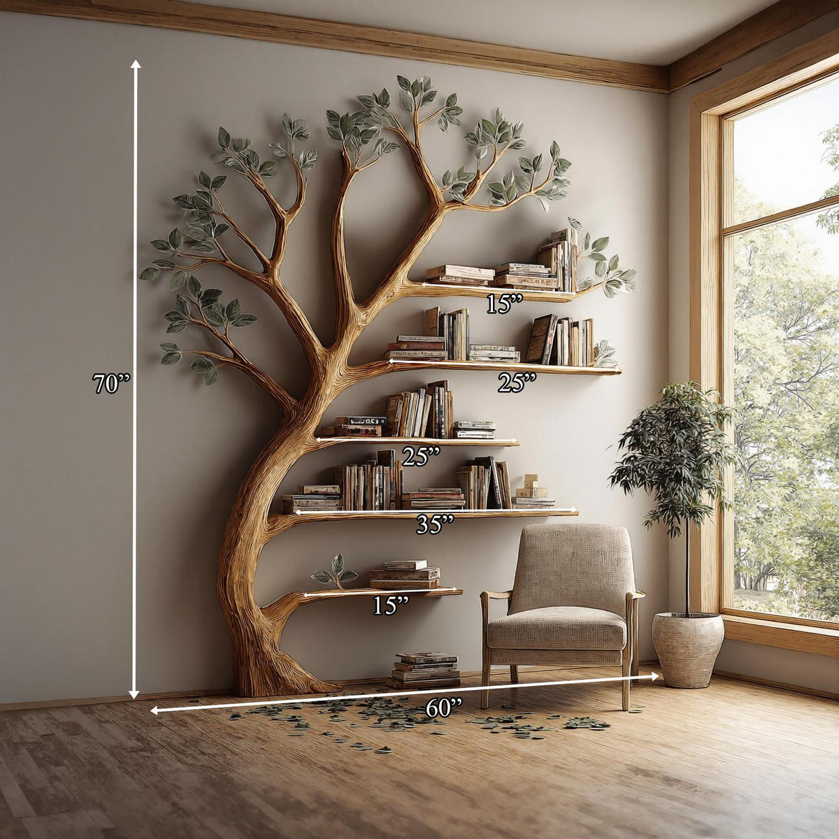 Rustic Branch Bookshelf, Handcrafted Solid Wood Wall Mounted Bookcase & Artistic Storage for Home Library, Living Room