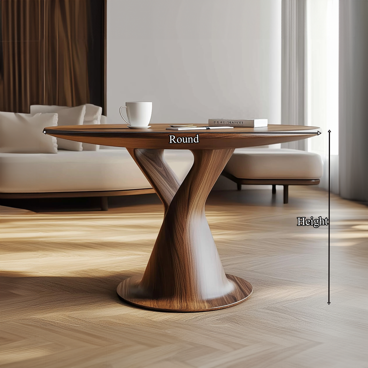 Modern Sculptural Round Coffee Table, Solid Wood Geometric Art Centerpiece Table for Living Room, Lounge, Foyer