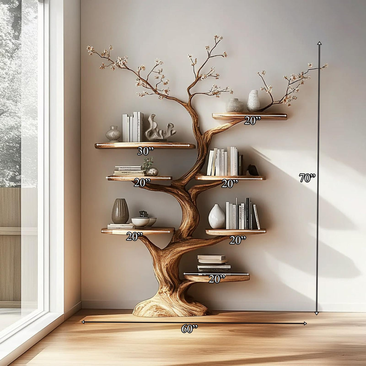 Rustic Tree Display Shelf, Handcrafted Wood Branch Bookshelf & Artistic Wall Storage Unit for Living Room, Bedroom