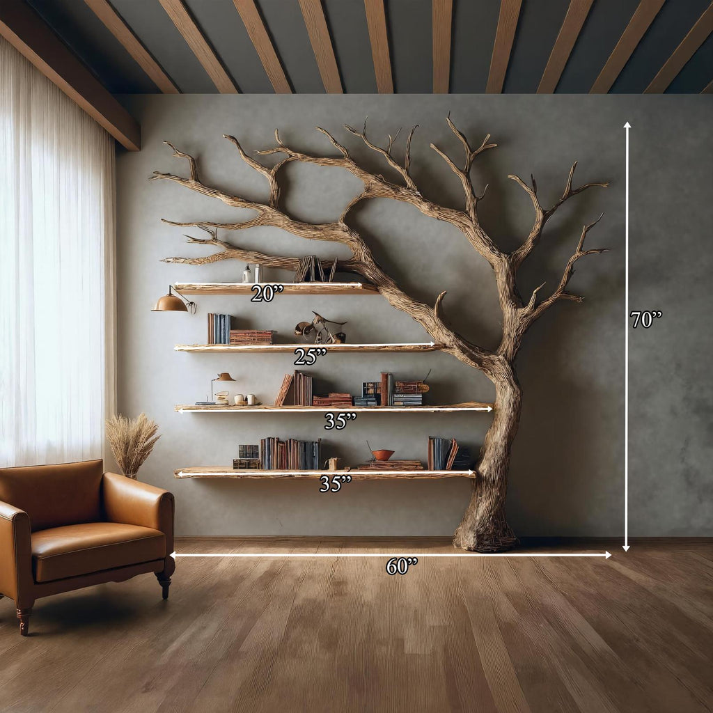Rustic Wall Mounted Tree Shelf, Solid Wood Floating Bookcase & Artistic Hanging Organizer Unit for Living Room Wall Decor