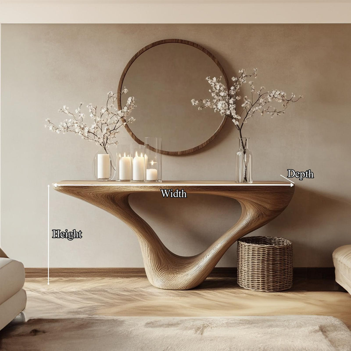 Mid Century Modern Console Table, Minimalist Carved Wood Art, Sleek Solid Wood Entryway & Foyer Table