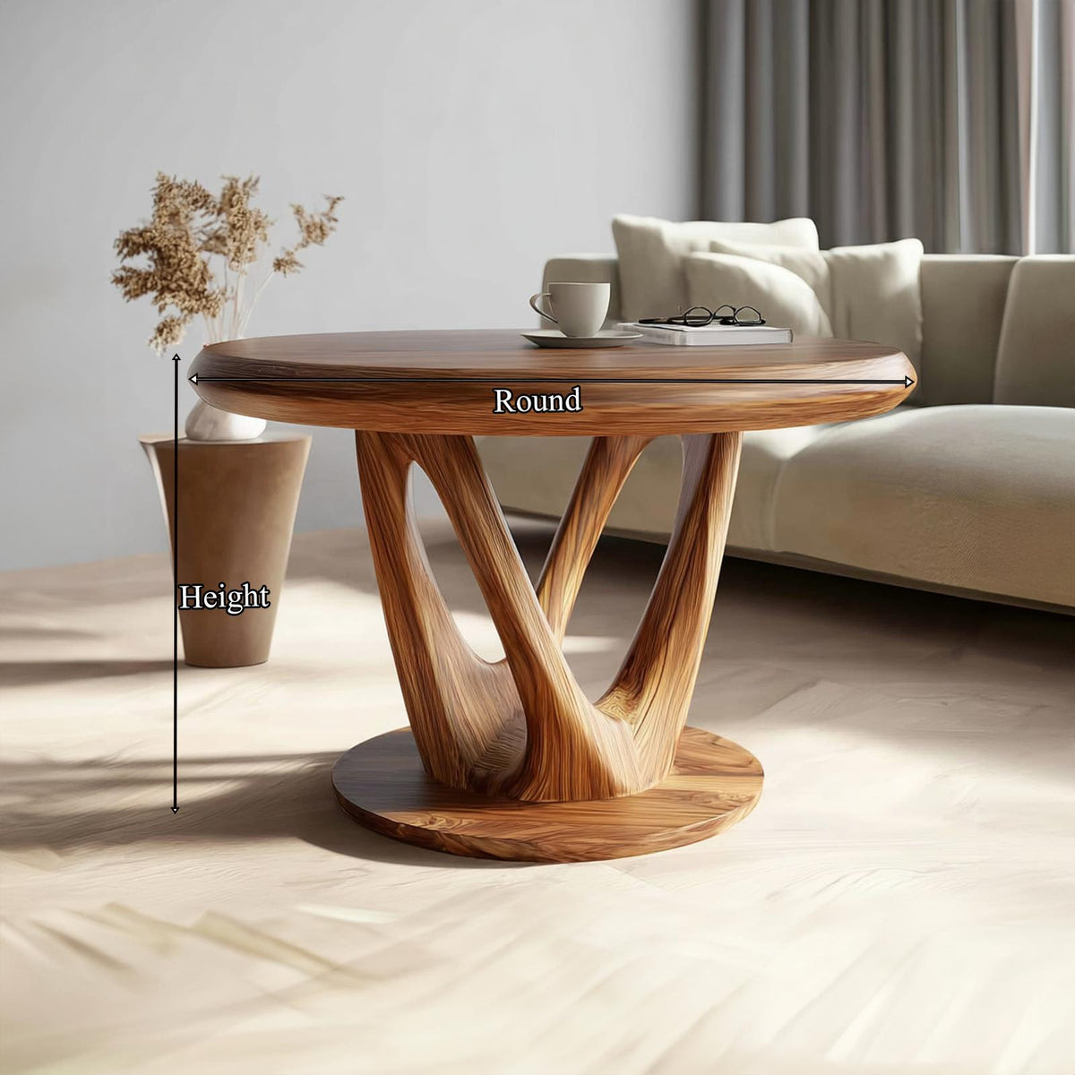 Mid Century Organic Round Table, Solid Wood Sculptural Coffee Table Centerpiece for Living Room, Den, Dining Room