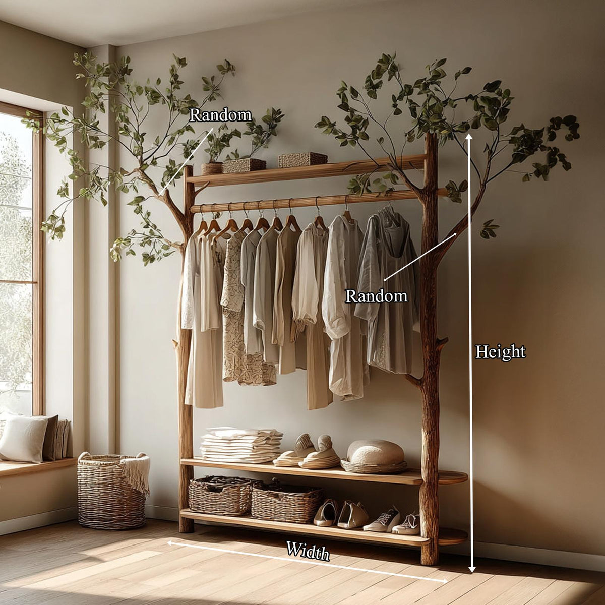 Rustic Tree Clothes Rack Solid Wood Bedroom Organizer