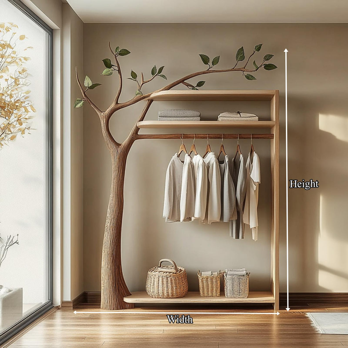 Nature-Inspired Wooden Tree Clothing Rack, Solid Wood Standing Coat Hanger, Modern Bedroom Garment Closet Organizer