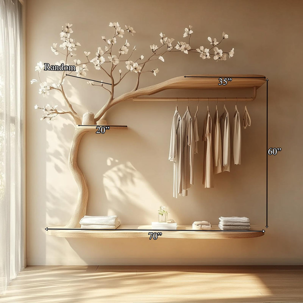 Scandinavian Wooden Tree Wardrobe, Handcrafted Solid Wood Clothes Drying Rack, Natural Coat Stand for Bedroom Decor
