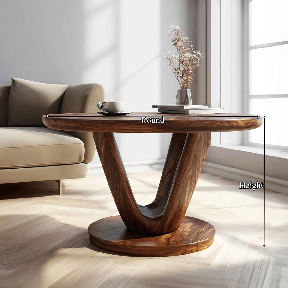 Modern Sculptural V Base Coffee Table, Unique Solid Wood Geometric Art Centerpiece Table for Living Room, Lounge