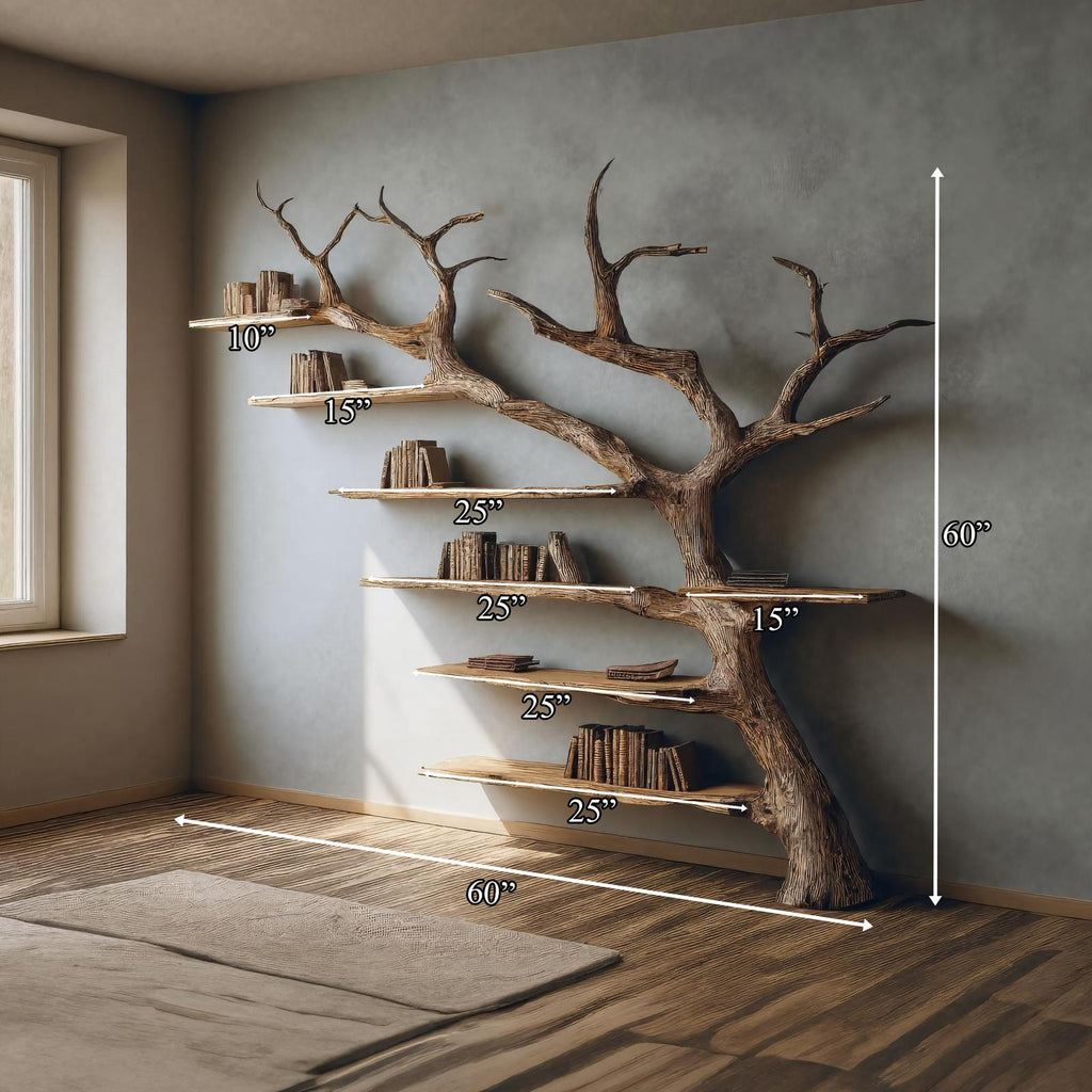 Rustic Branch Bookshelf, Handcrafted Solid Wood Wall Mounted Bookcase & Artistic Hanging Storage for Home Office Decor