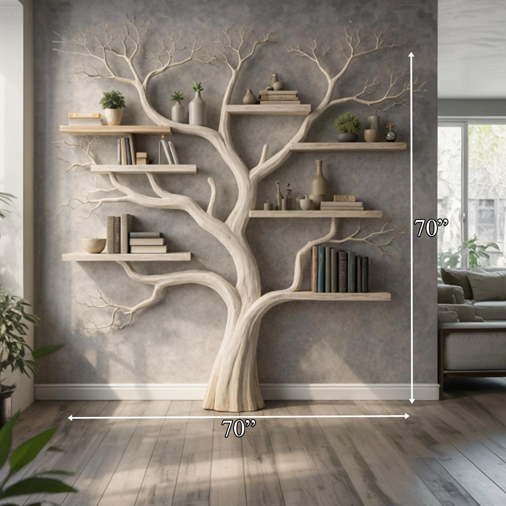 Rustic Wood Tree Bookshelf, Handcrafted Floating Branch Wall Mounted Bookcase for Living Room Bedroom Storage