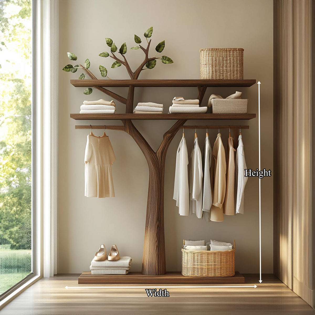 Sculptural Wooden Tree Clothing Rack, Artistic Solid Wood Standing Coat Stand, Creative Bedroom Clothes Hanging Rack
