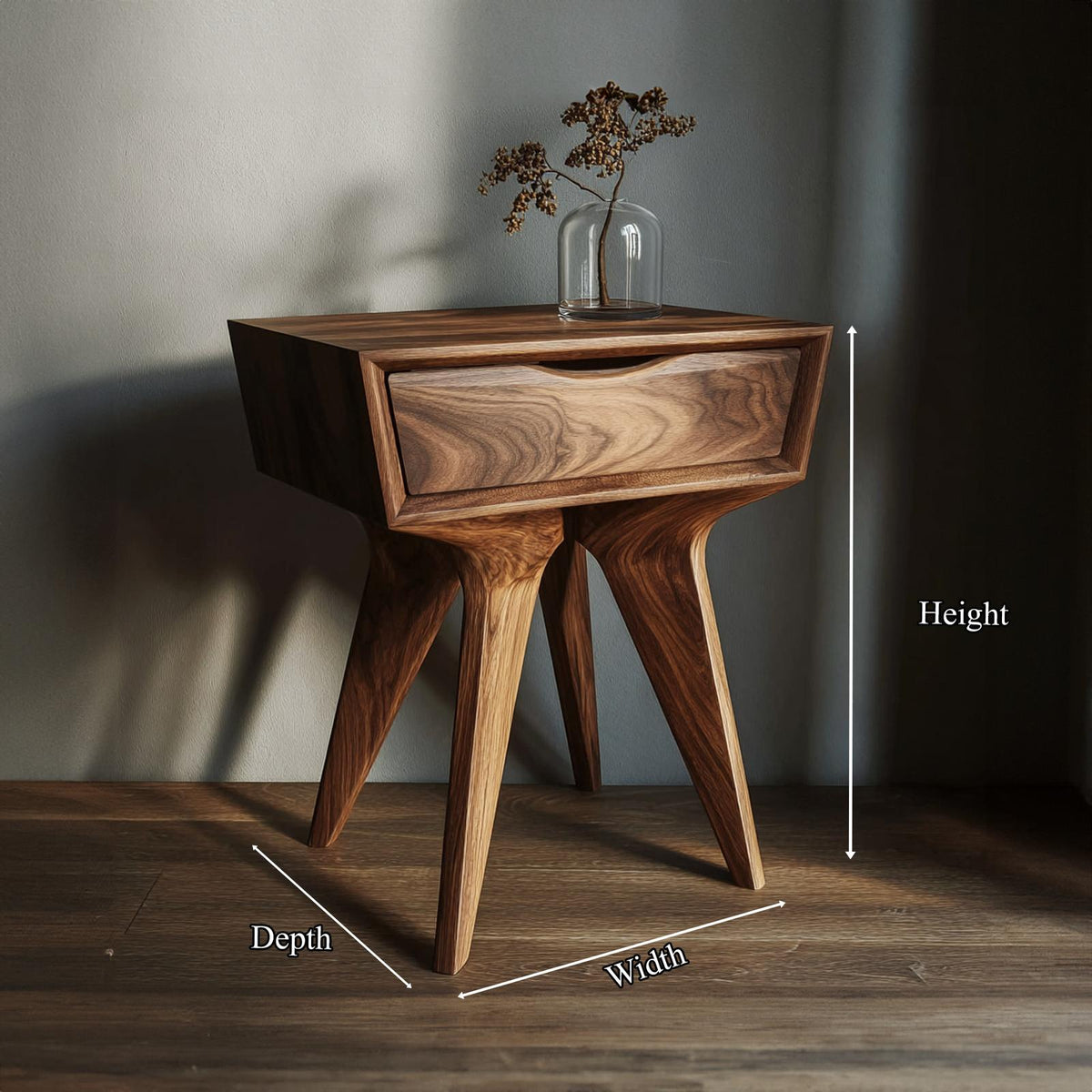 Sculptural Minimalist Wood Side Table, Modern Abstract Bedside End Table for Bedroom & Office, Model